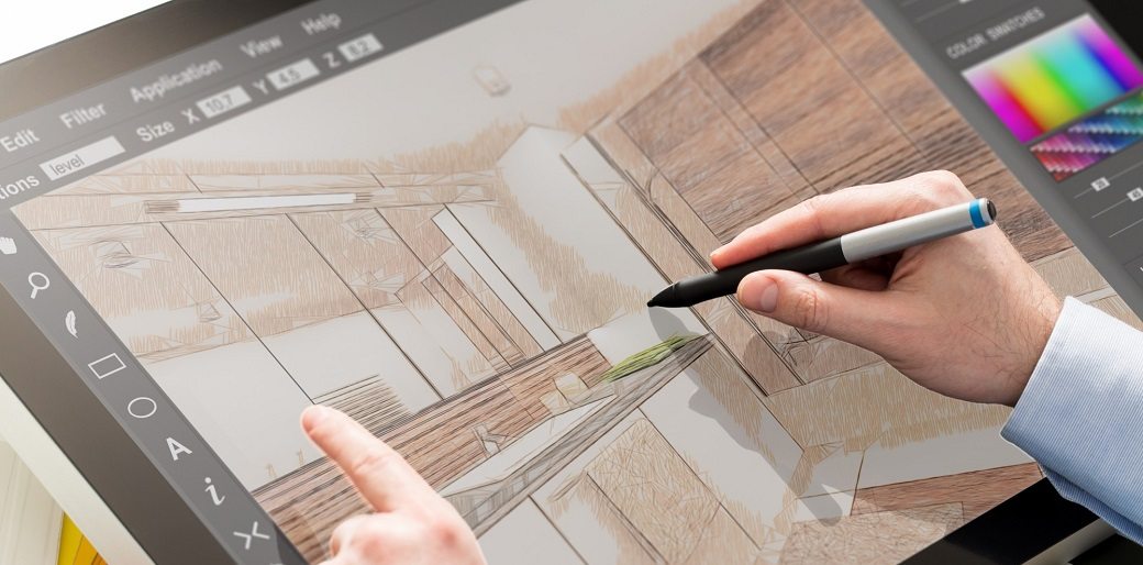 Arquiteto fazendo um desenho de interiores no tablet