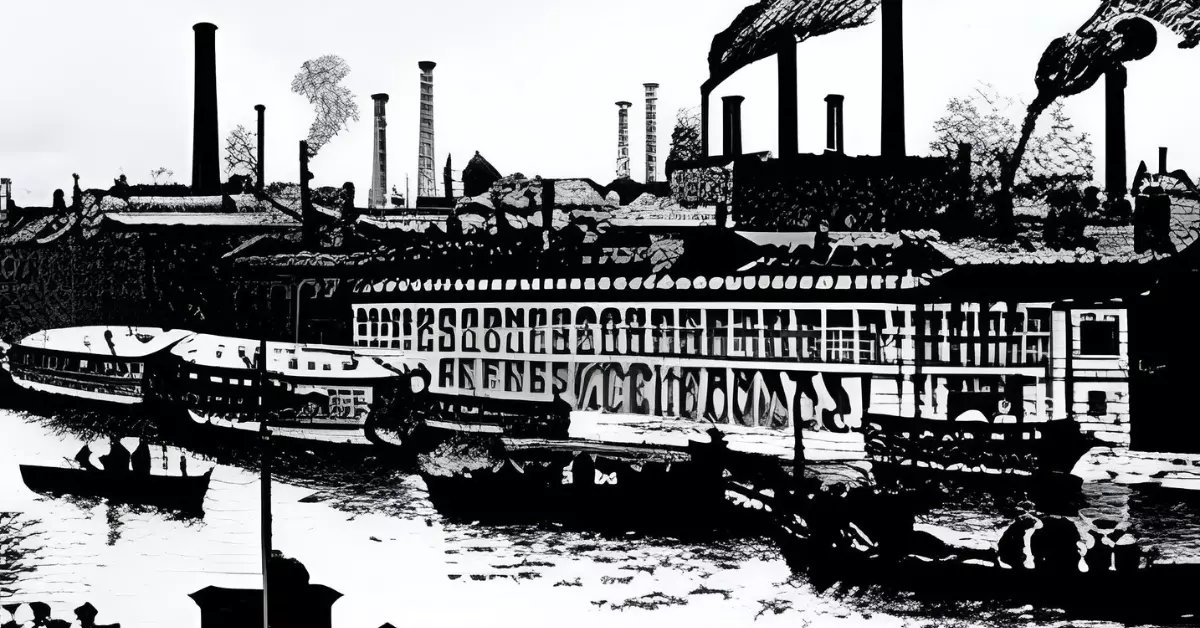 foto em preto e branco de uma cidade com diversas fábricas e alguns barcos no rio