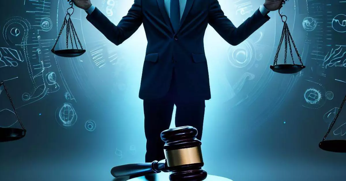 advogado ao fundo e um martelo de juiz com fundo azul