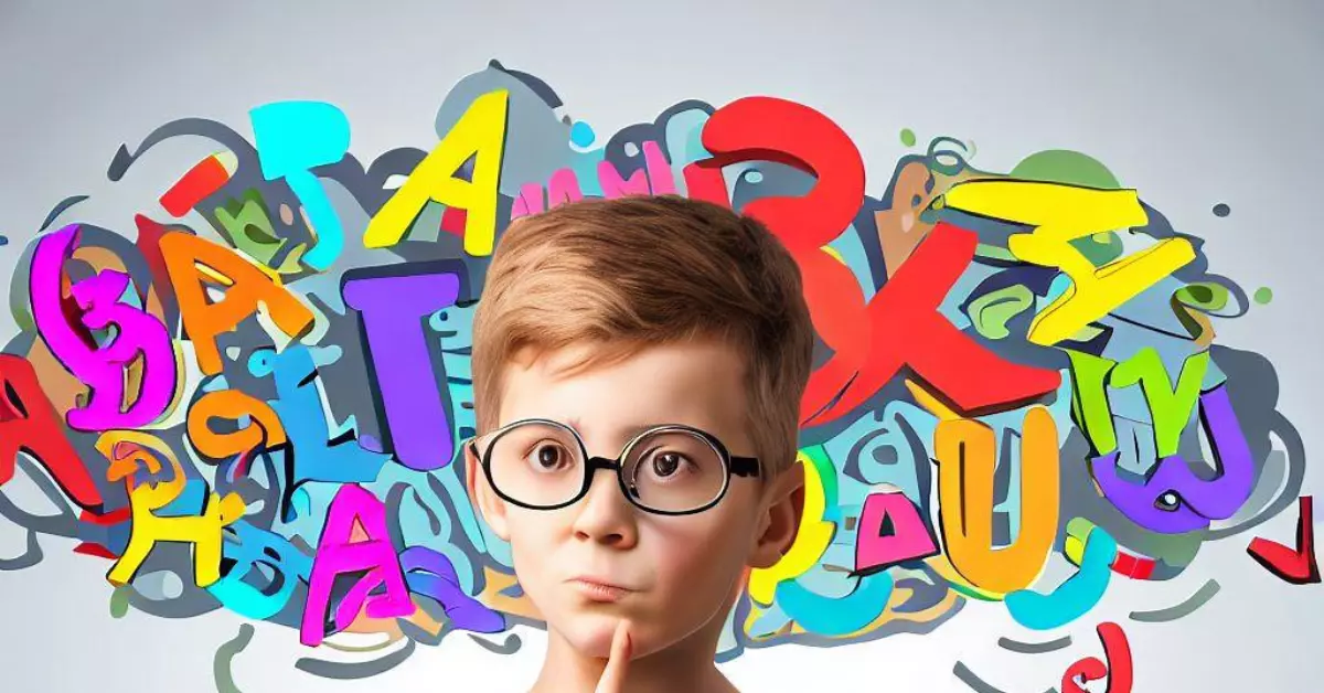 uma criança de óculos com diversas letras atrás dele